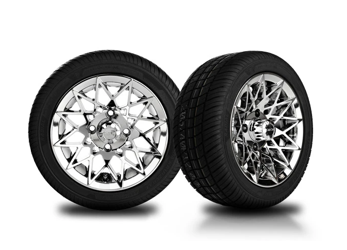 Set of 12" Bright Chrome Athena Wheels with Kenda Kruizer Tires 205/40R12