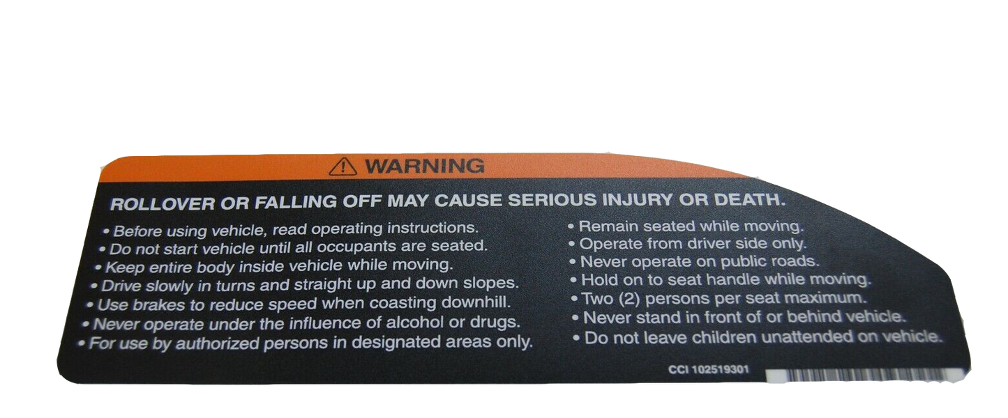 A warning decal sticker for a golf cart, detailing safety information regarding rollover or falling off the vehicle.