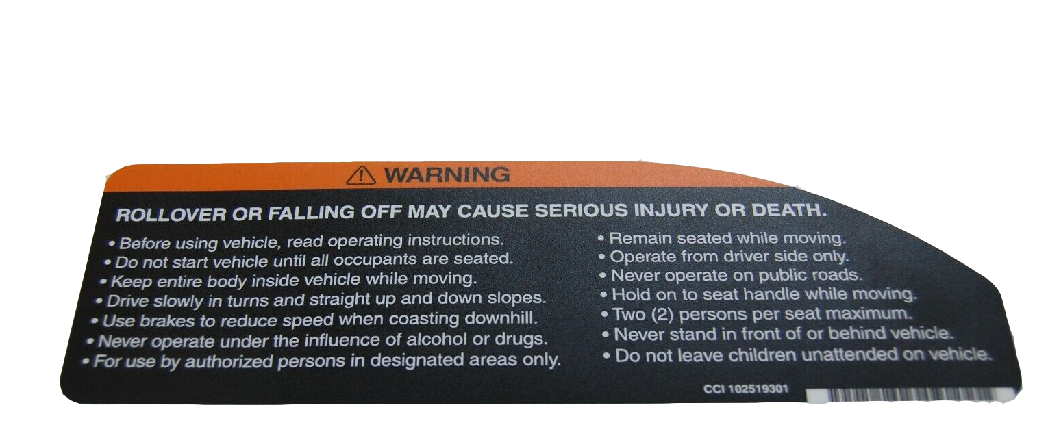 A warning decal sticker for a golf cart, detailing safety information regarding rollover or falling off the vehicle.