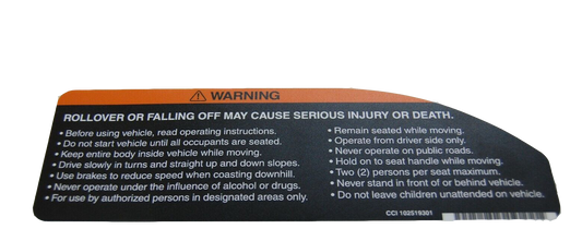 A warning decal sticker for a golf cart, detailing safety information regarding rollover or falling off the vehicle.