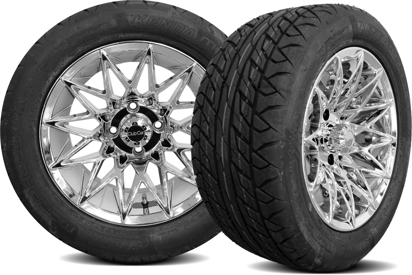 14" Bright PVD Chrome Athena Wheel with 215/50R-14 Steel-Belted Radial Morpheus Tire | Fits Club Car | Part #47698559001 OEM