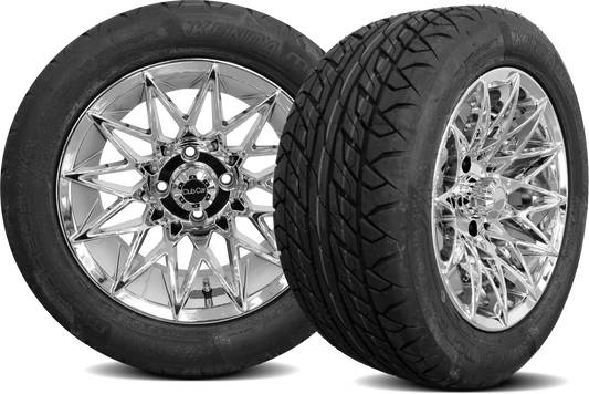 14" Bright PVD Chrome Athena Wheel with 215/50R-14 Steel-Belted Radial Morpheus Tire | Fits Club Car | Part #47698559001 OEM