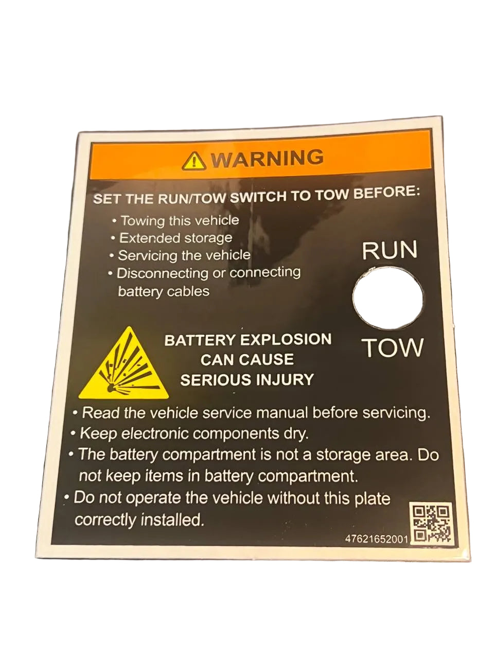 DECAL, WARNING, LEAD, RUN TOW | Fits Club Car | Part #47621652001 OEM