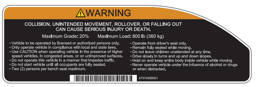 DECAL, WARNING PTV, 800 | Fits Club Car | Part #47574958001 OEM