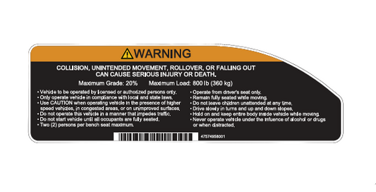 DECAL, WARNING PTV, 800 | Fits Club Car | Part #47574958001 OEM